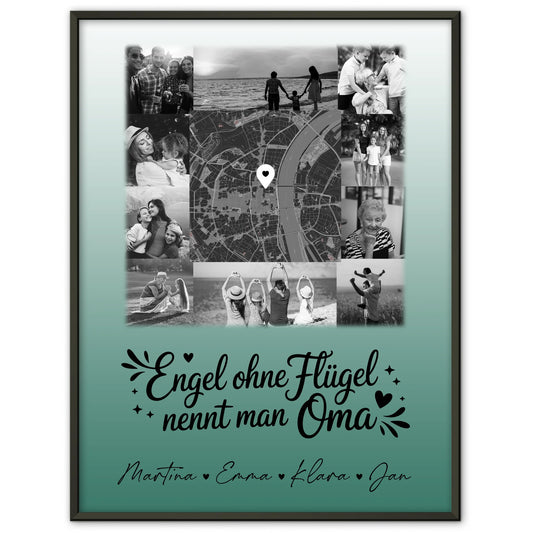 Personalisierte Poster Oma und Opa mit 10 Fotos und Karte in der Mitte Schwarz-Weiß Bruder ist ein Engel