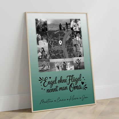 Personalisierte Poster Oma und Opa mit 10 Fotos und Karte in der Mitte Schwarz-Weiß Bruder ist ein Engel