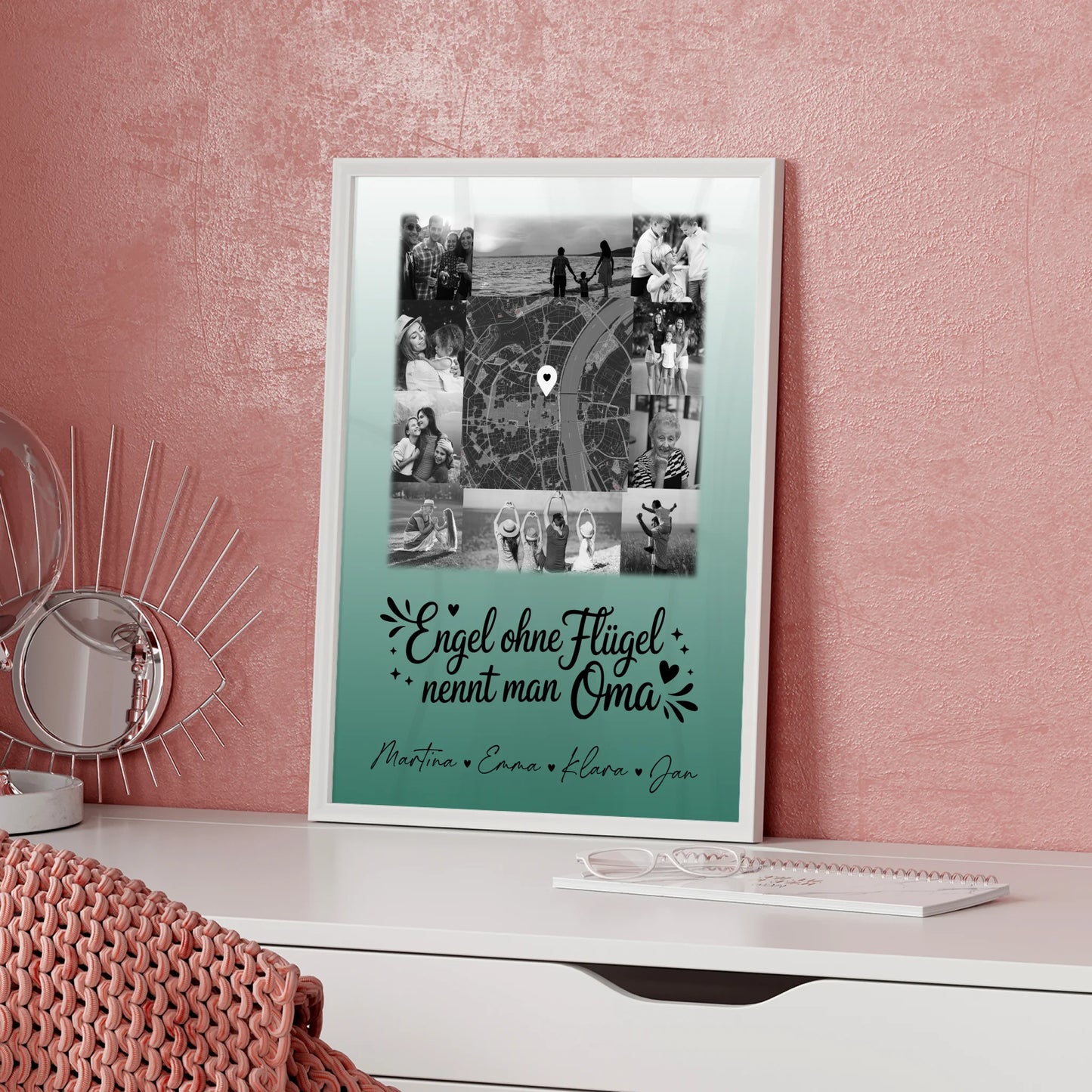 Personalisierte Poster Oma und Opa mit 10 Fotos und Karte in der Mitte Schwarz-Weiß Bruder ist ein Engel