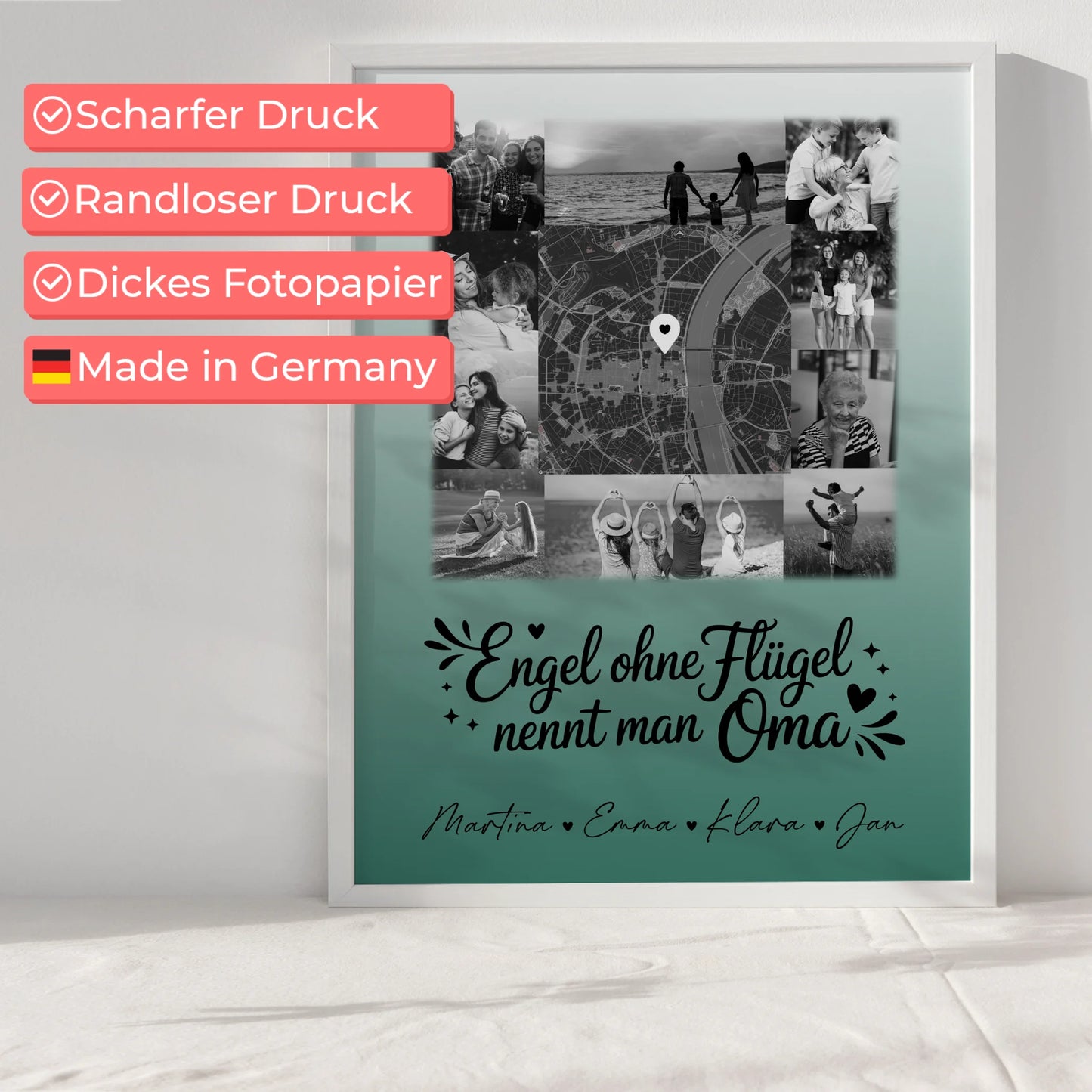 Personalisierte Poster Oma und Opa mit 10 Fotos und Karte in der Mitte Schwarz-Weiß Bruder ist ein Engel