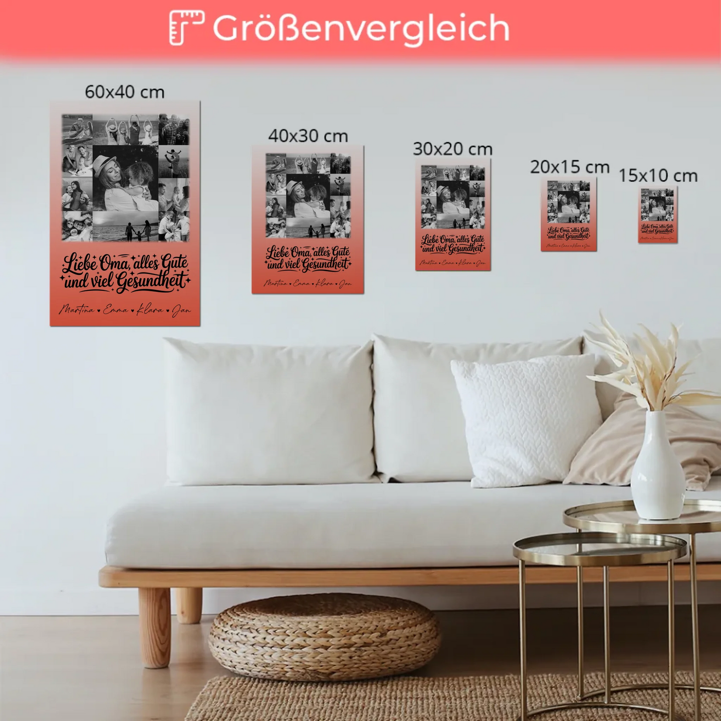 Personalisierte Oma Plakat Fotoboard mit 11 Fotos Schwarz-Weiß für alles Gute Gesundheit