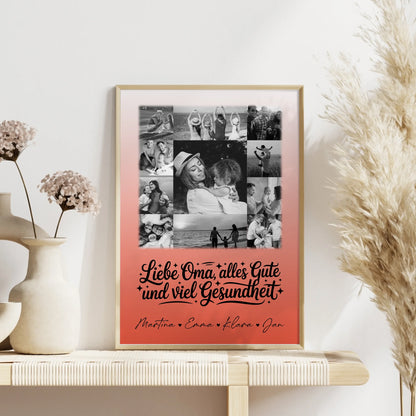 Personalisierte Oma Plakat mit 11 Fotos für alles Gute und Gesundheit Schwarz-Weiß Geschenk