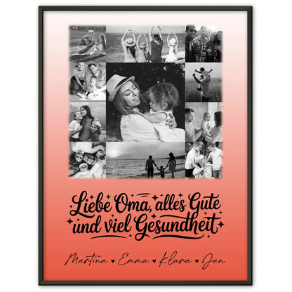 Personalisierte Oma Plakat mit 11 Fotos für alles Gute und Gesundheit Schwarz-Weiß Geschenk
