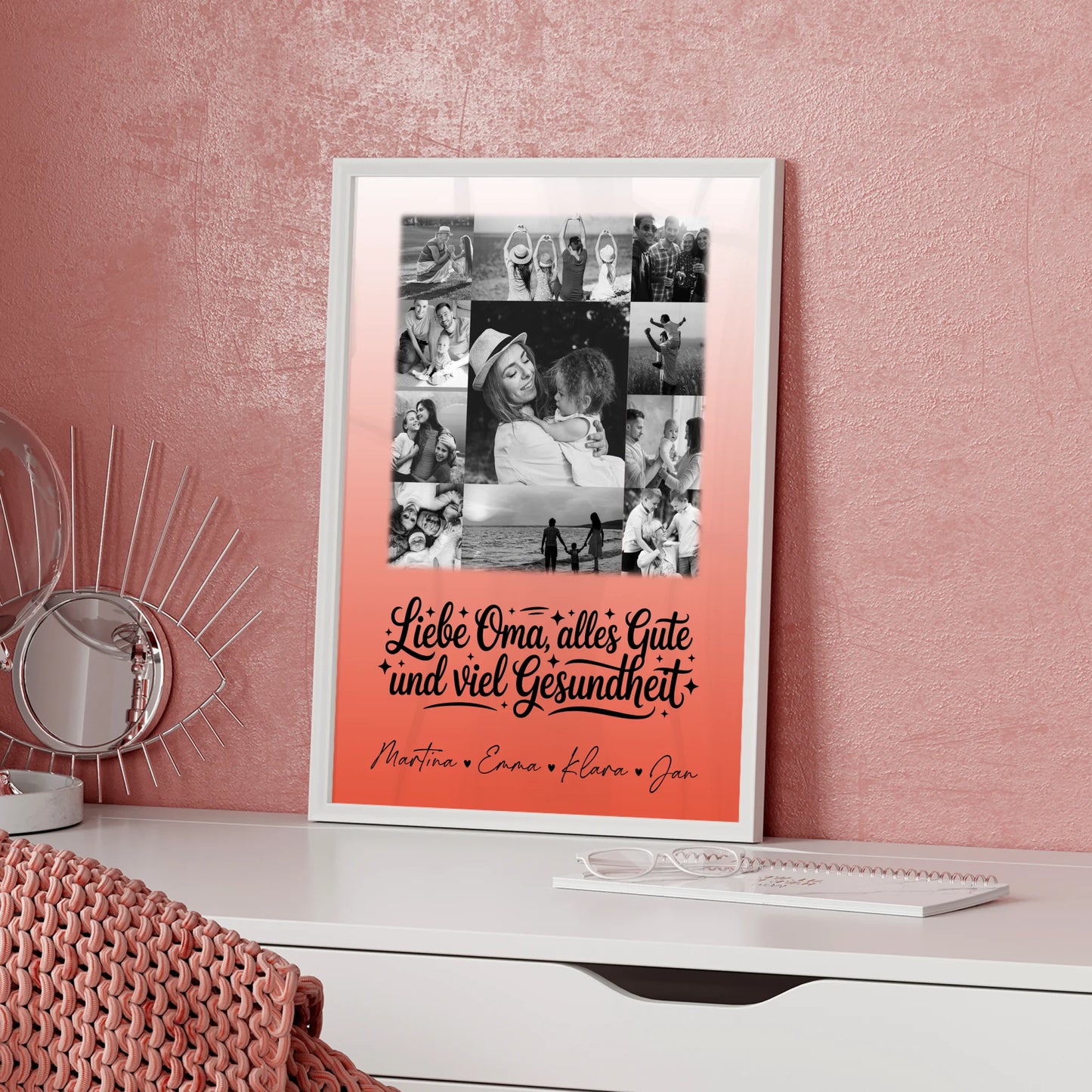 Personalisierte Oma Plakat mit 11 Fotos für alles Gute und Gesundheit Schwarz-Weiß Geschenk