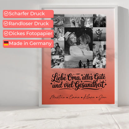 Personalisierte Oma Plakat mit 11 Fotos für alles Gute und Gesundheit Schwarz-Weiß Geschenk