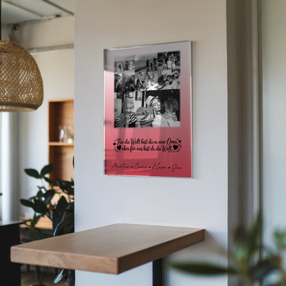 Oma Plakat Acrylglas Bild mit 8 Fotos und Herz Foto Du bist für mich die Welt Schwarz-Weiß personalisiertes Geschenk