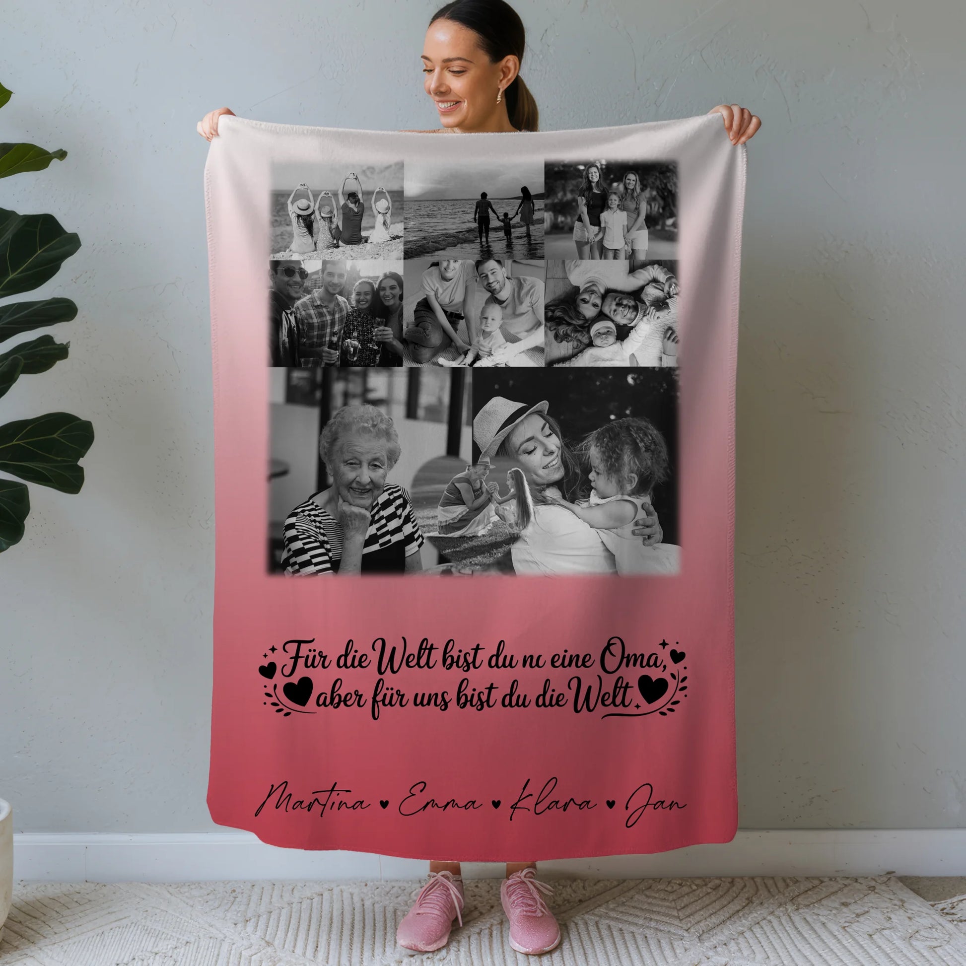 Personalisierte Decke Für Oma mit 8 Fotos und Herz Foto Schwarz-Weiß Du bist für mich die Welt 1