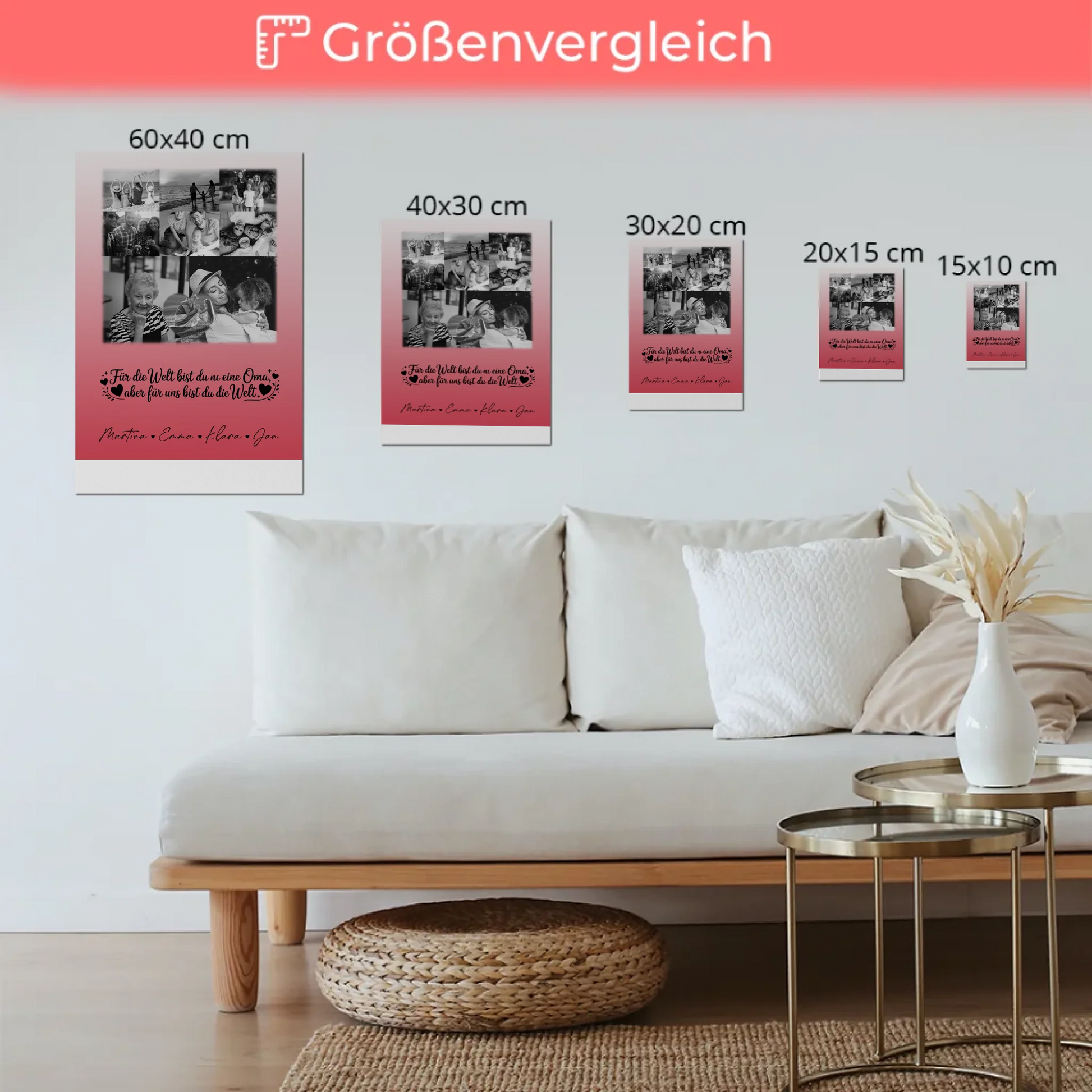Oma Plakat Fotoboard mit 8 Fotos und Herz Du bist für mich die Welt Schwarz-Weiß Personalisiertes Geschenk 6