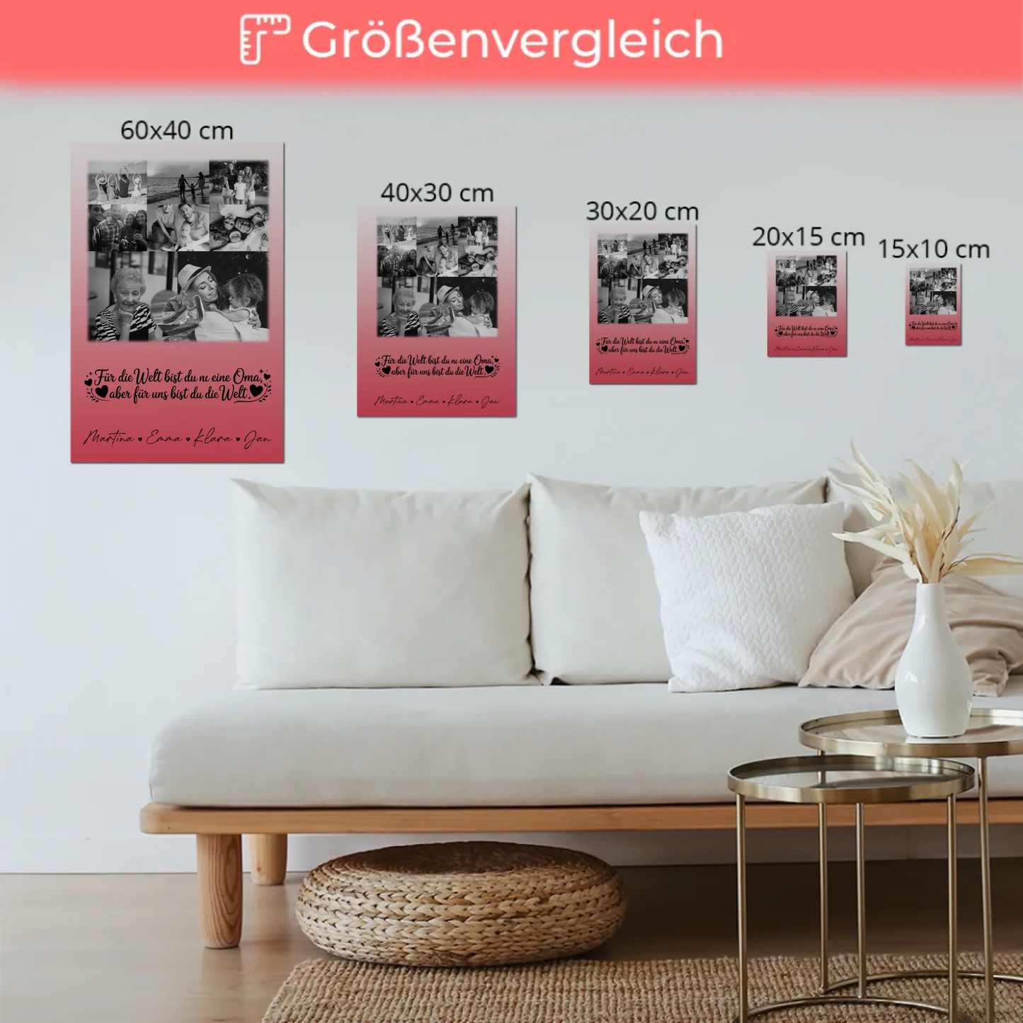 Oma Plakat Fotoboard mit 8 Fotos und Herz Du bist für mich die Welt Schwarz-Weiß Personalisiertes Geschenk