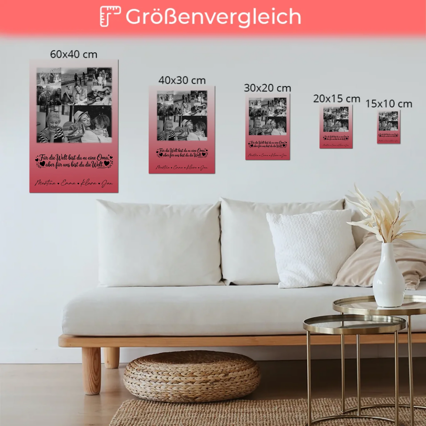 Oma Plakat Fotoboard mit 8 Fotos und Herz Du bist für mich die Welt Schwarz-Weiß Personalisiertes Geschenk