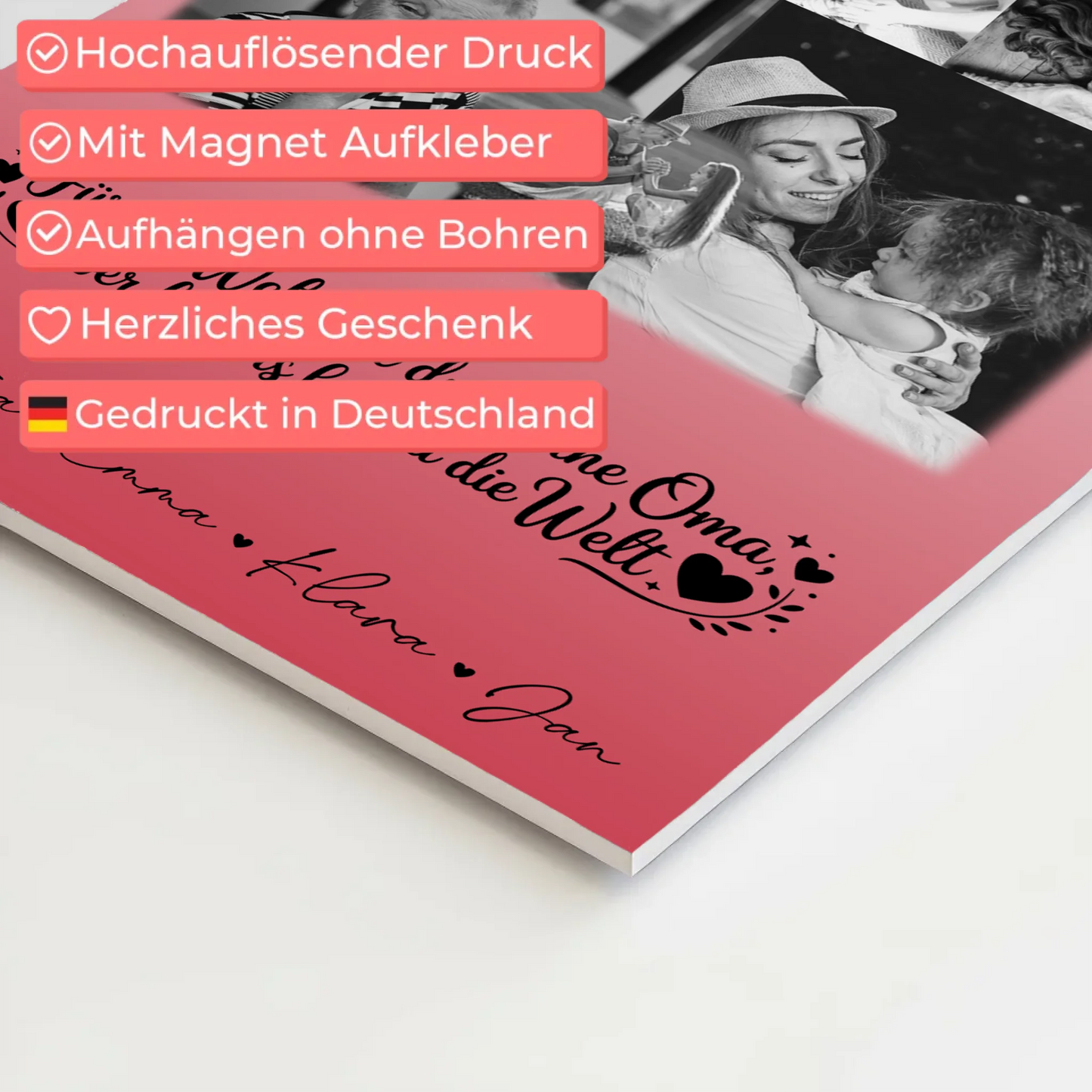 Oma Plakat Fotoboard mit 8 Fotos und Herz Du bist für mich die Welt Schwarz-Weiß Personalisiertes Geschenk