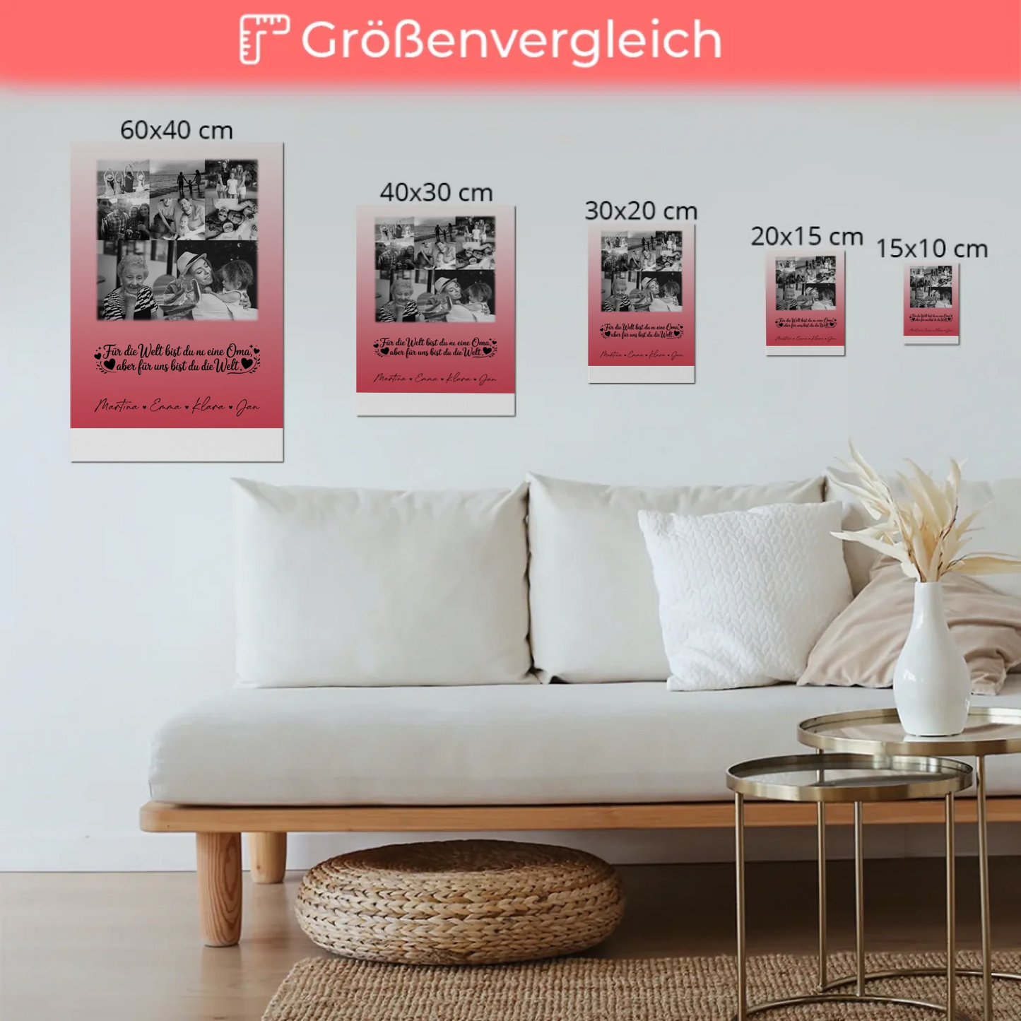 Oma Plakat Fotoboard mit 8 Fotos und Herz Du bist für mich die Welt Schwarz-Weiß Personalisiertes Geschenk