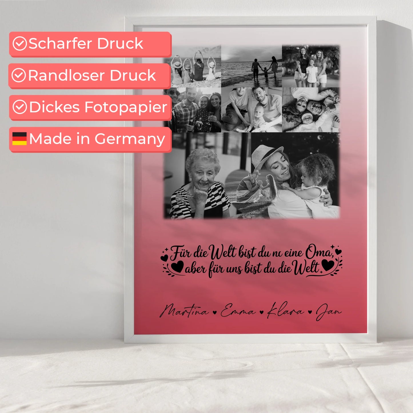 Personalisiertes Poster Oma und Opa mit 8 Fotos und Herz Du bist für mich die Welt Schwarz-Weiß