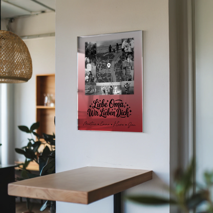 Personalisiertes Wandbild Oma mit 10 Fotos und Karte in der Mitte Liebe Oma wir lieben Dich Schwarz-Weiß