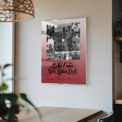 Personalisiertes Wandbild Oma mit 10 Fotos und Karte in der Mitte Liebe Oma wir lieben Dich Schwarz-Weiß