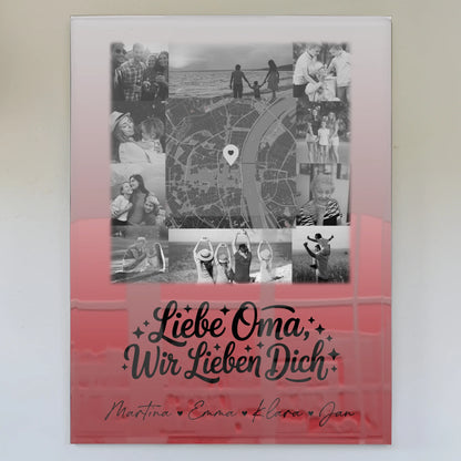 Personalisiertes Wandbild Oma mit 10 Fotos und Karte in der Mitte Liebe Oma wir lieben Dich Schwarz-Weiß