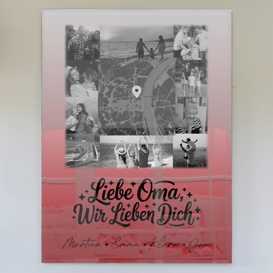 Personalisiertes Wandbild Oma mit 10 Fotos und Karte in der Mitte Liebe Oma wir lieben Dich Schwarz-Weiß