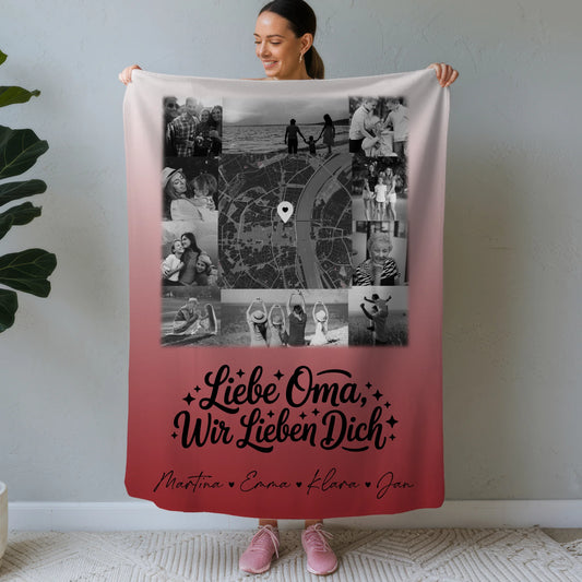 Kuscheldecke Mit Namen 10 Fotos und Karte in der Mitte Liebe Oma Wir lieben Dich Schwarz-Weiß 1
