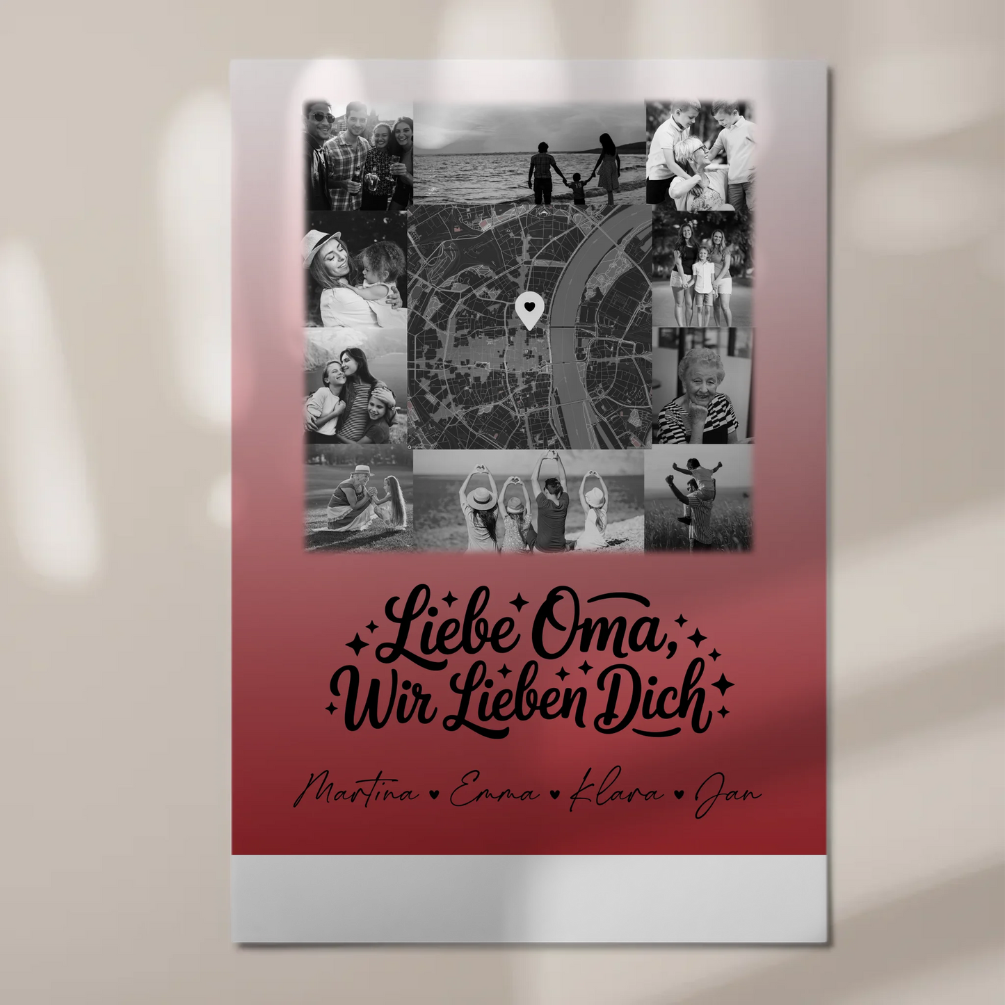 Oma Plakat mit 10 Fotos und Karte in der Mitte Liebe Oma wir lieben Dich Schwarz-Weiß Personalisiertes Geschenk