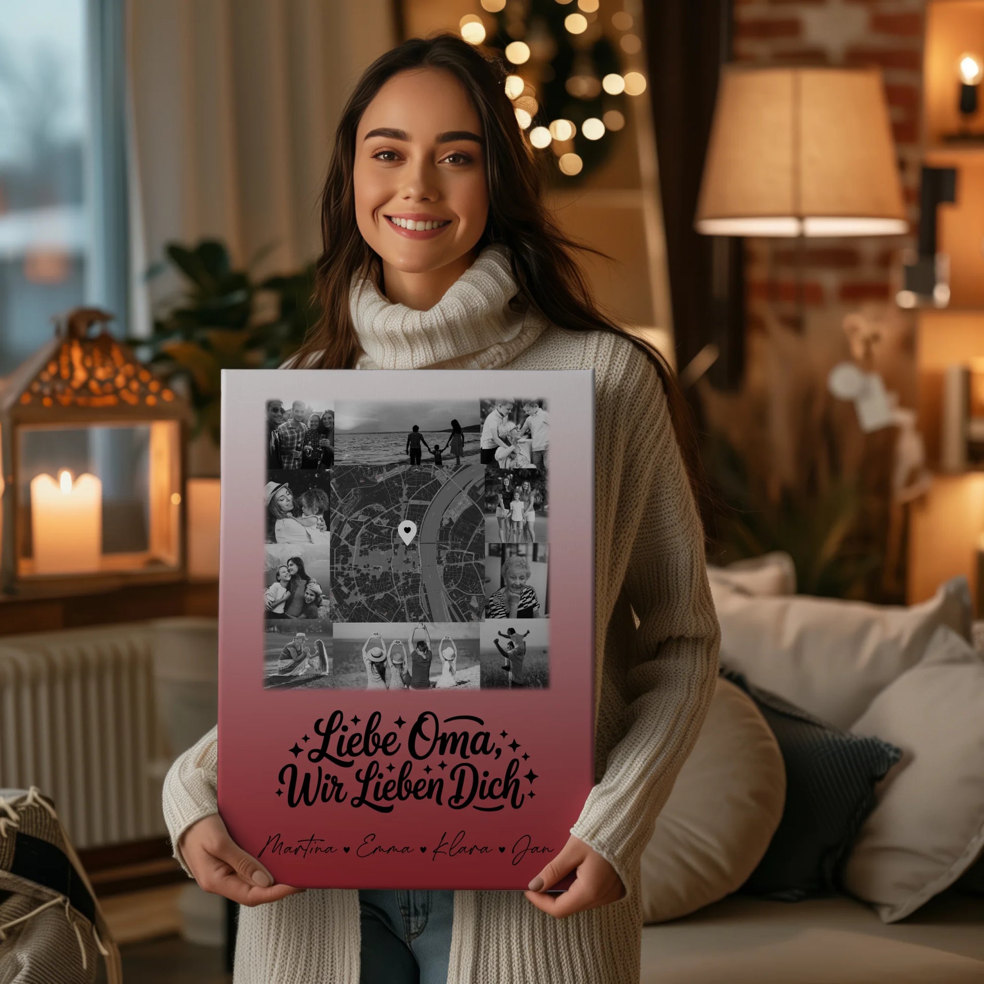 Oma Plakat Leinwand mit 10 Fotos und Karte in der Mitte Liebe Oma wir lieben Dich Schwarz-Weiß personalisiertes Geschenk 2