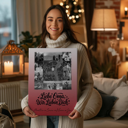Oma Plakat Leinwand mit 10 Fotos und Karte in der Mitte Liebe Oma wir lieben Dich Schwarz-Weiß personalisiertes Geschenk 2