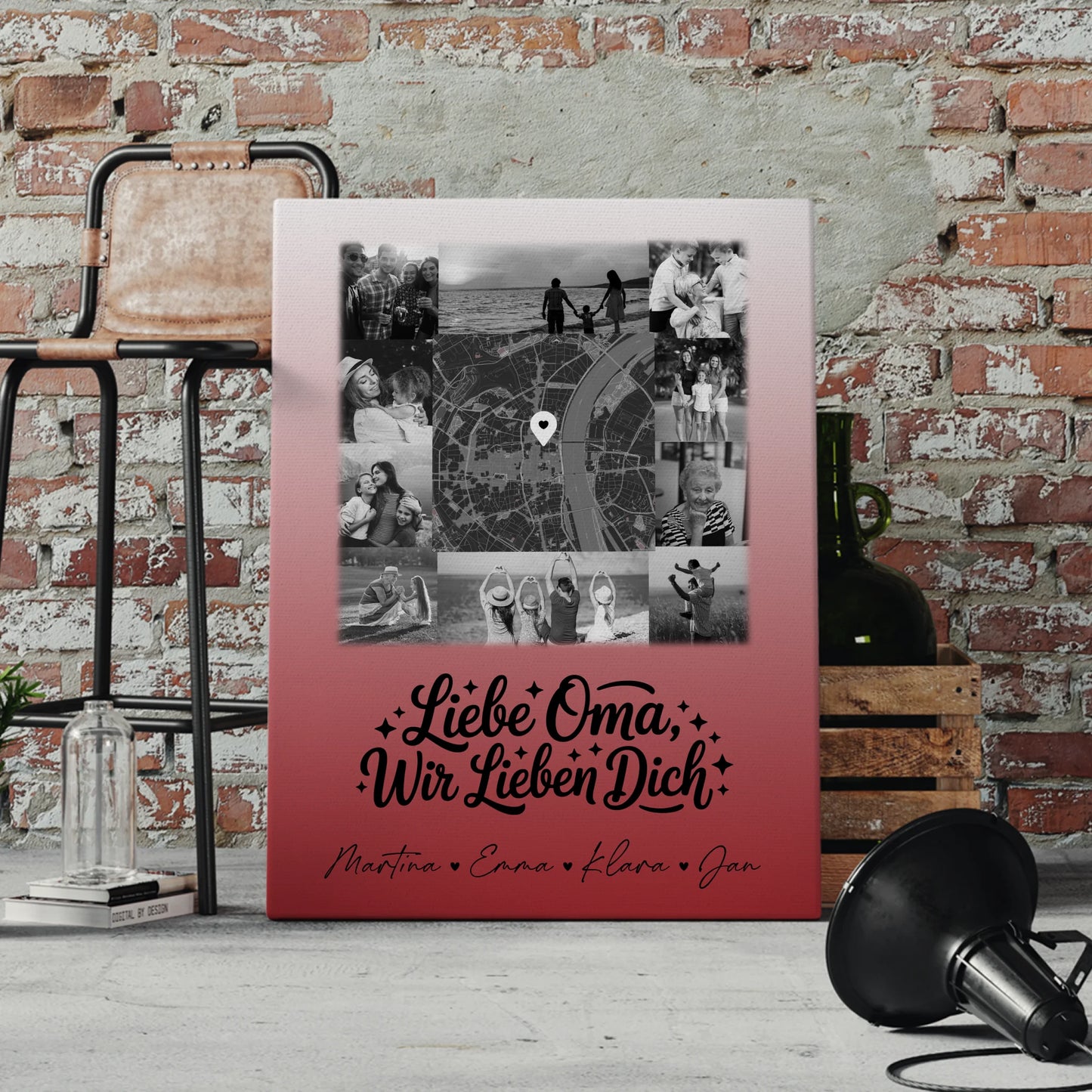 Oma Plakat Leinwand mit 10 Fotos und Karte in der Mitte Liebe Oma wir lieben Dich Schwarz-Weiß personalisiertes Geschenk 4
