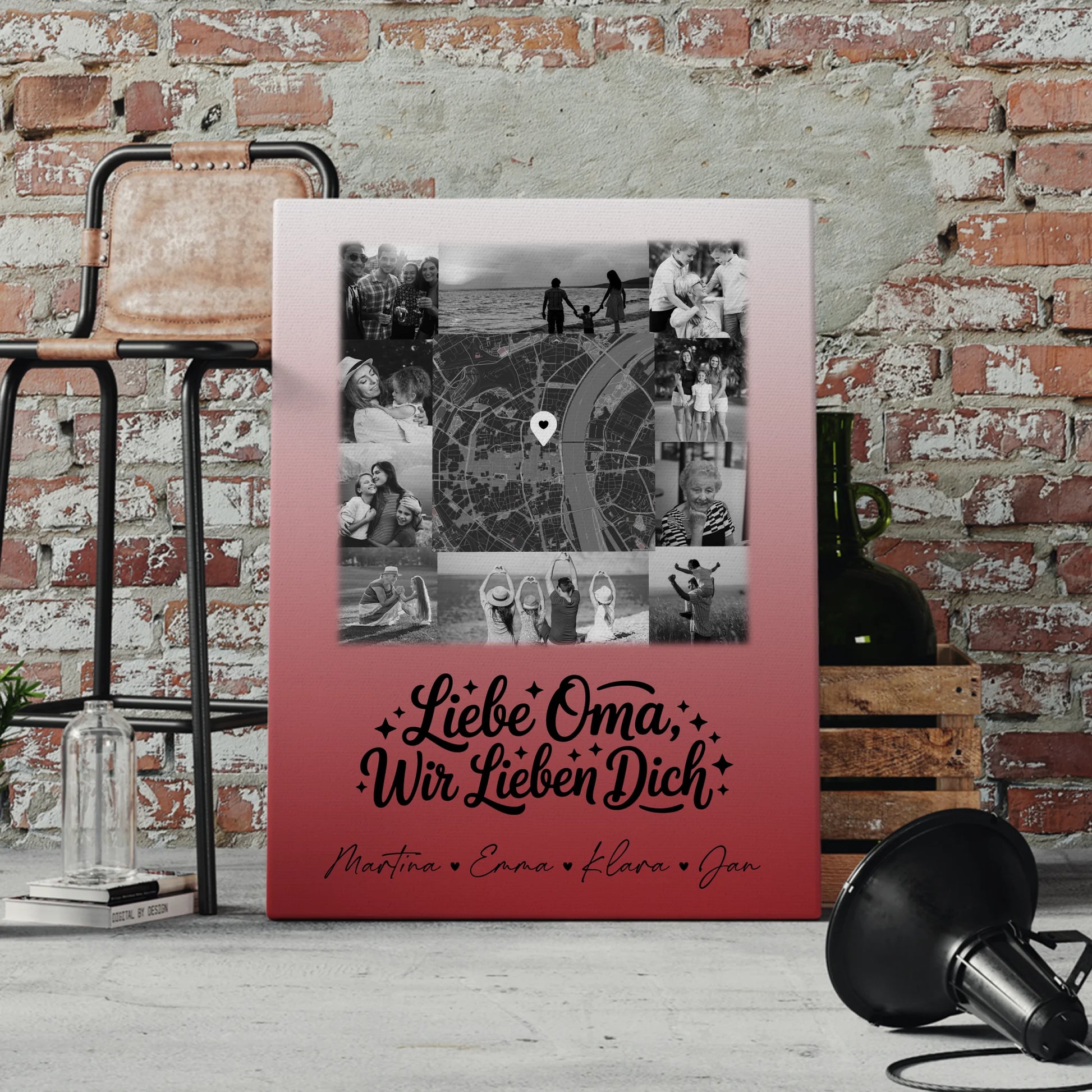 Oma Plakat Leinwand mit 10 Fotos und Karte in der Mitte Liebe Oma wir lieben Dich Schwarz-Weiß personalisiertes Geschenk 4