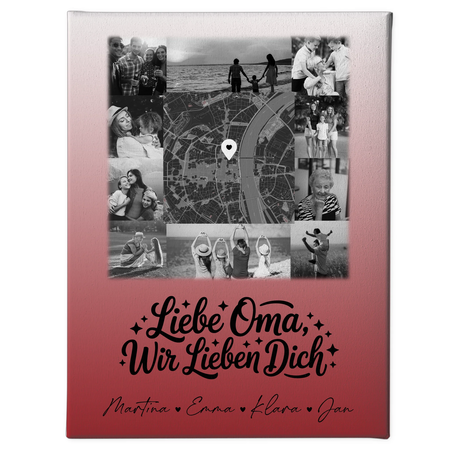 Oma Plakat Leinwand mit 10 Fotos und Karte in der Mitte Liebe Oma wir lieben Dich Schwarz-Weiß personalisiertes Geschenk 1