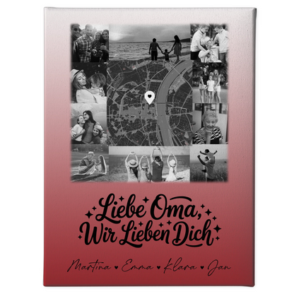 Oma Plakat Leinwand mit 10 Fotos und Karte in der Mitte Liebe Oma wir lieben Dich Schwarz-Weiß personalisiertes Geschenk 1