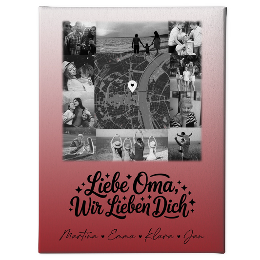 Oma Plakat Leinwand mit 10 Fotos und Karte in der Mitte Liebe Oma wir lieben Dich Schwarz-Weiß personalisiertes Geschenk 1