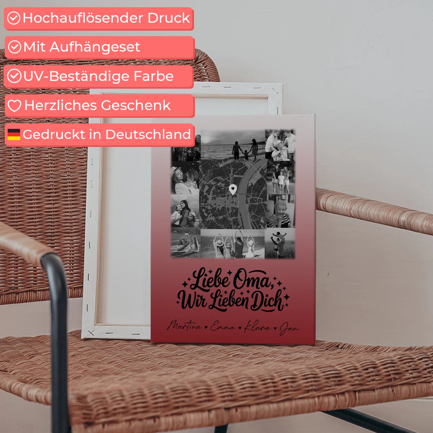 Oma Plakat Leinwand mit 10 Fotos und Karte in der Mitte Liebe Oma wir lieben Dich Schwarz-Weiß personalisiertes Geschenk 5