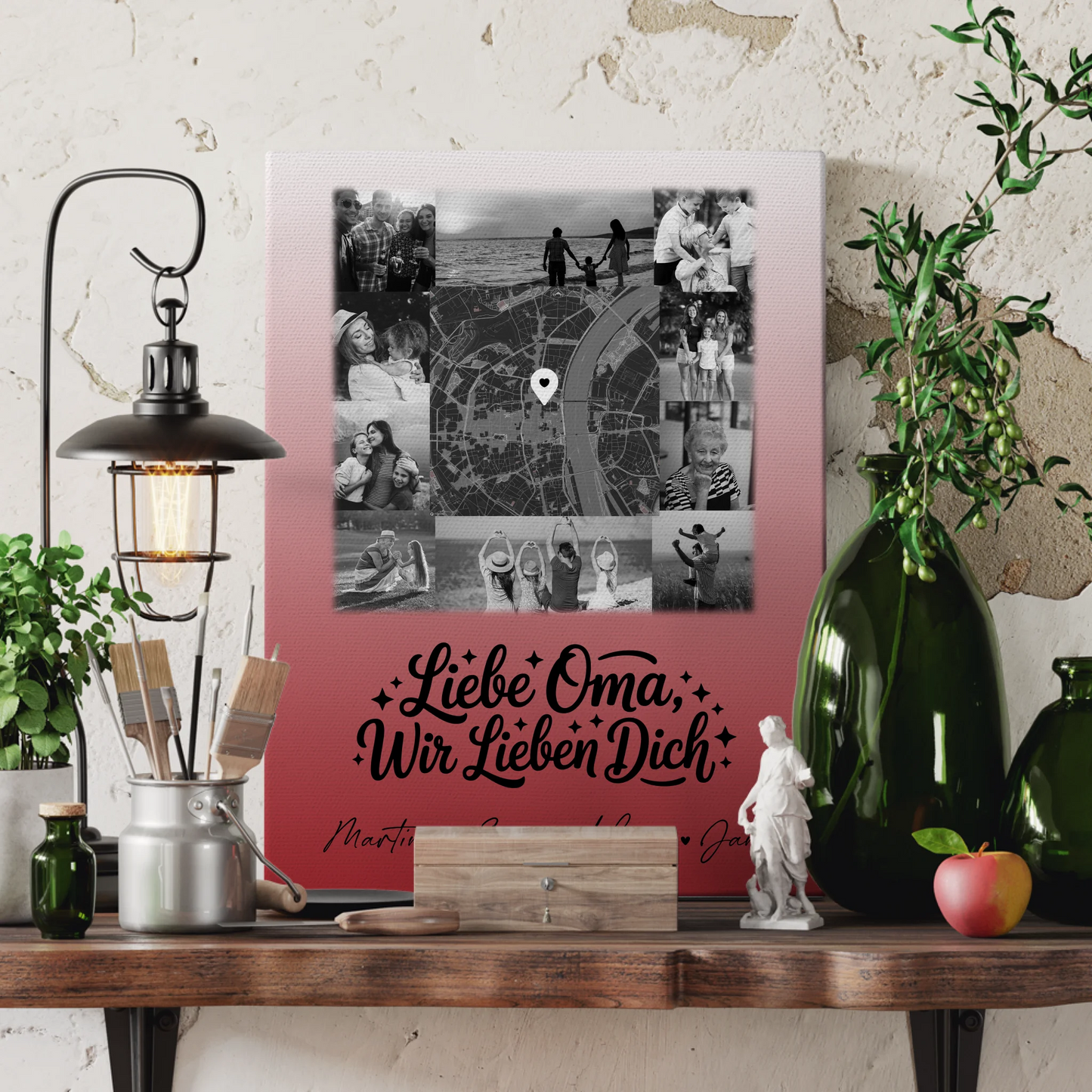 Oma Plakat Leinwand mit 10 Fotos und Karte in der Mitte Liebe Oma wir lieben Dich Schwarz-Weiß personalisiertes Geschenk 3