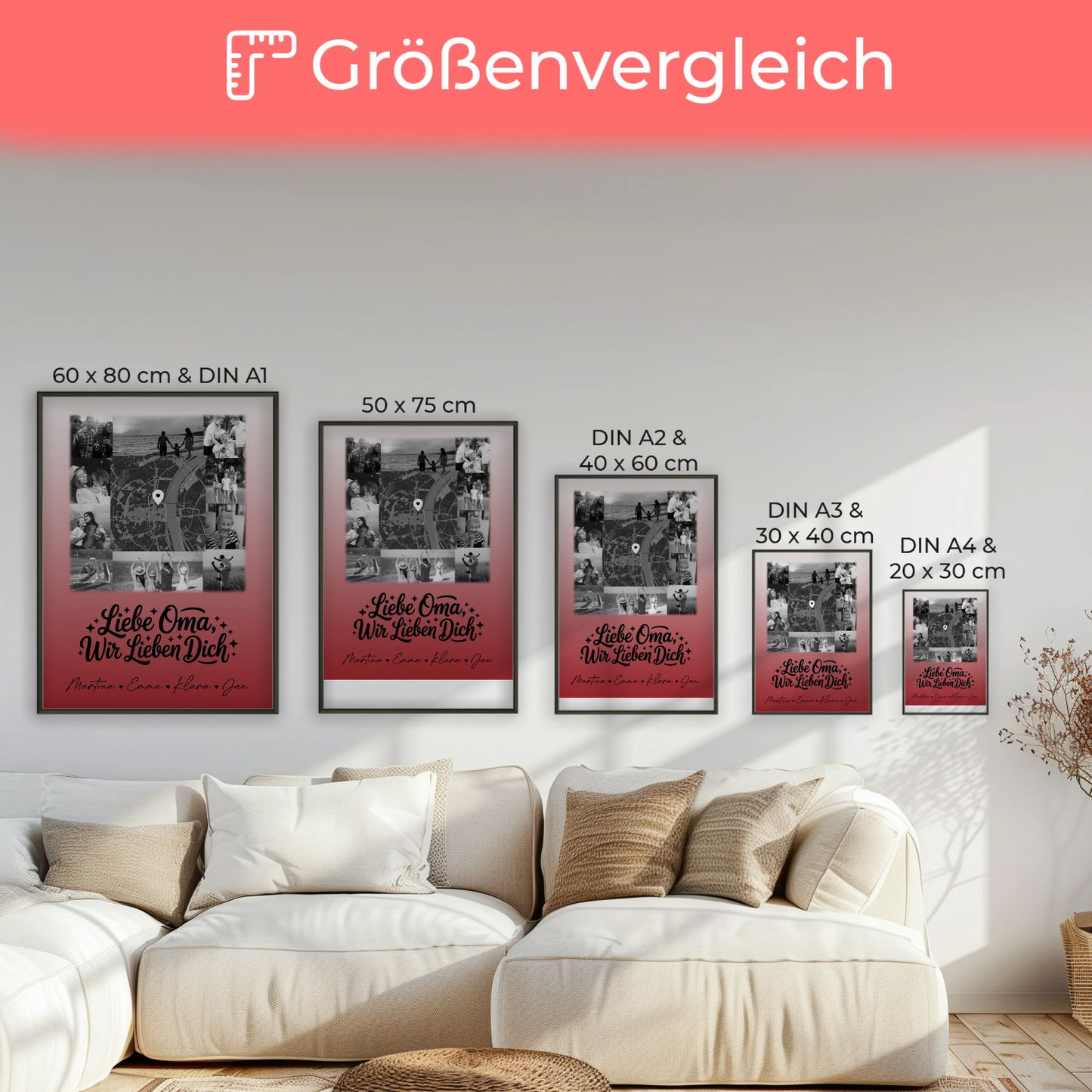 Personalisiertes Poster Oma mit 10 Fotos und Karte in der Mitte Liebe Oma wir lieben Dich Schwarz-Weiß
