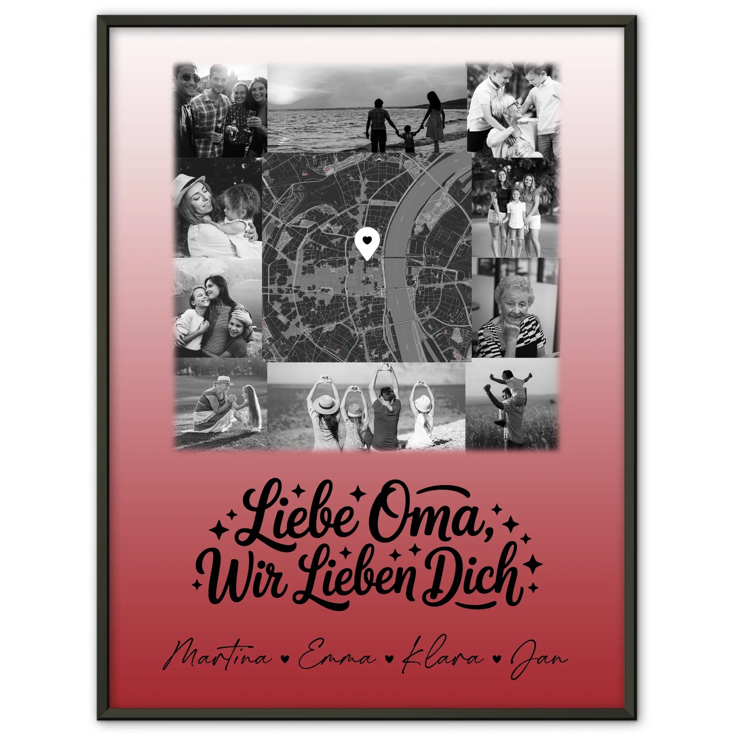 Personalisiertes Poster Oma mit 10 Fotos und Karte in der Mitte Liebe Oma wir lieben Dich Schwarz-Weiß