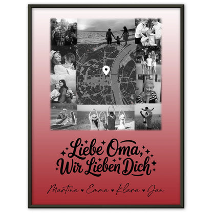 Personalisiertes Poster Oma mit 10 Fotos und Karte in der Mitte Liebe Oma wir lieben Dich Schwarz-Weiß