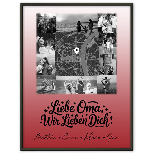 Personalisiertes Poster Oma mit 10 Fotos und Karte in der Mitte Liebe Oma wir lieben Dich Schwarz-Weiß