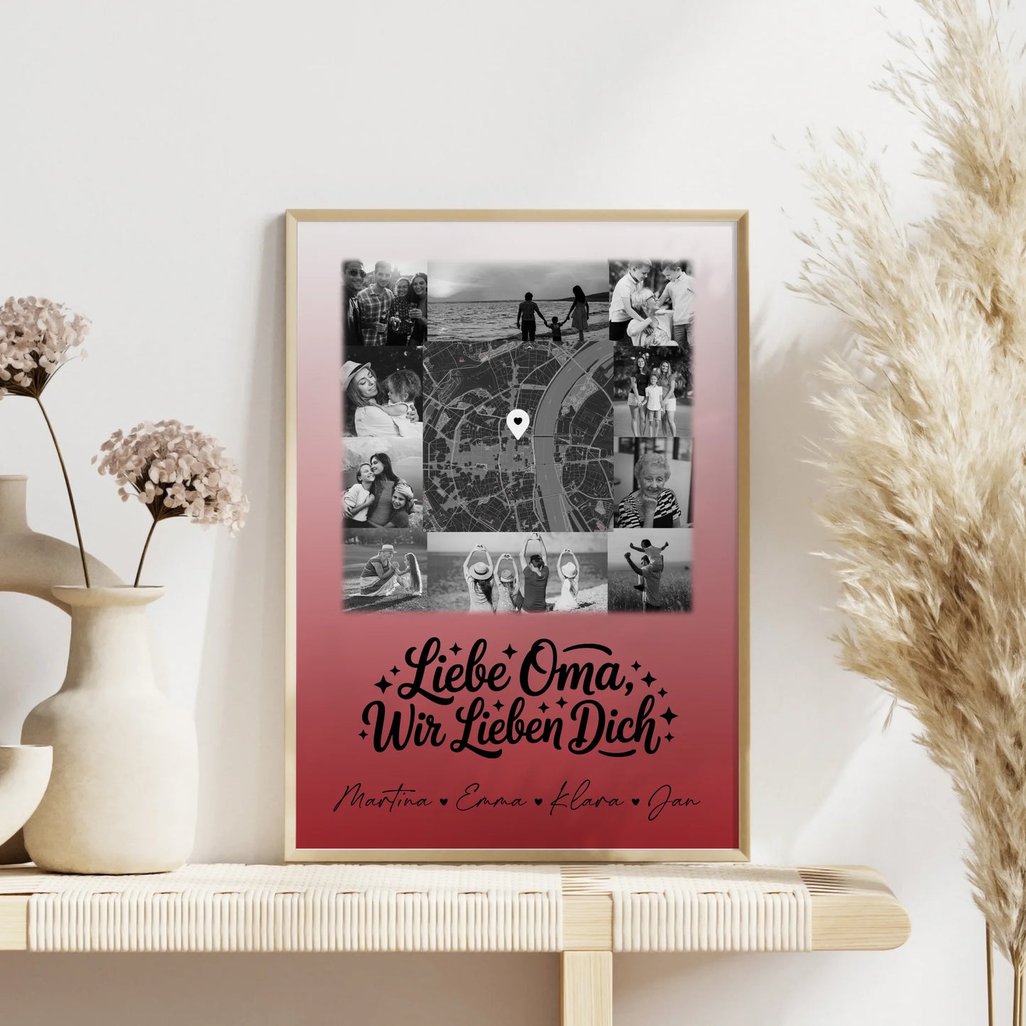 Personalisiertes Poster Oma mit 10 Fotos und Karte in der Mitte Liebe Oma wir lieben Dich Schwarz-Weiß
