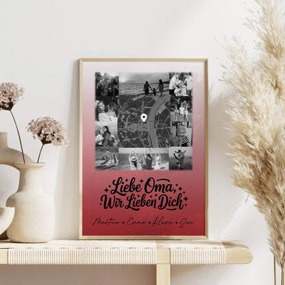 Personalisiertes Poster Oma mit 10 Fotos und Karte in der Mitte Liebe Oma wir lieben Dich Schwarz-Weiß