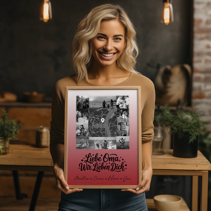 Personalisiertes Poster Oma mit 10 Fotos und Karte in der Mitte Liebe Oma wir lieben Dich Schwarz-Weiß
