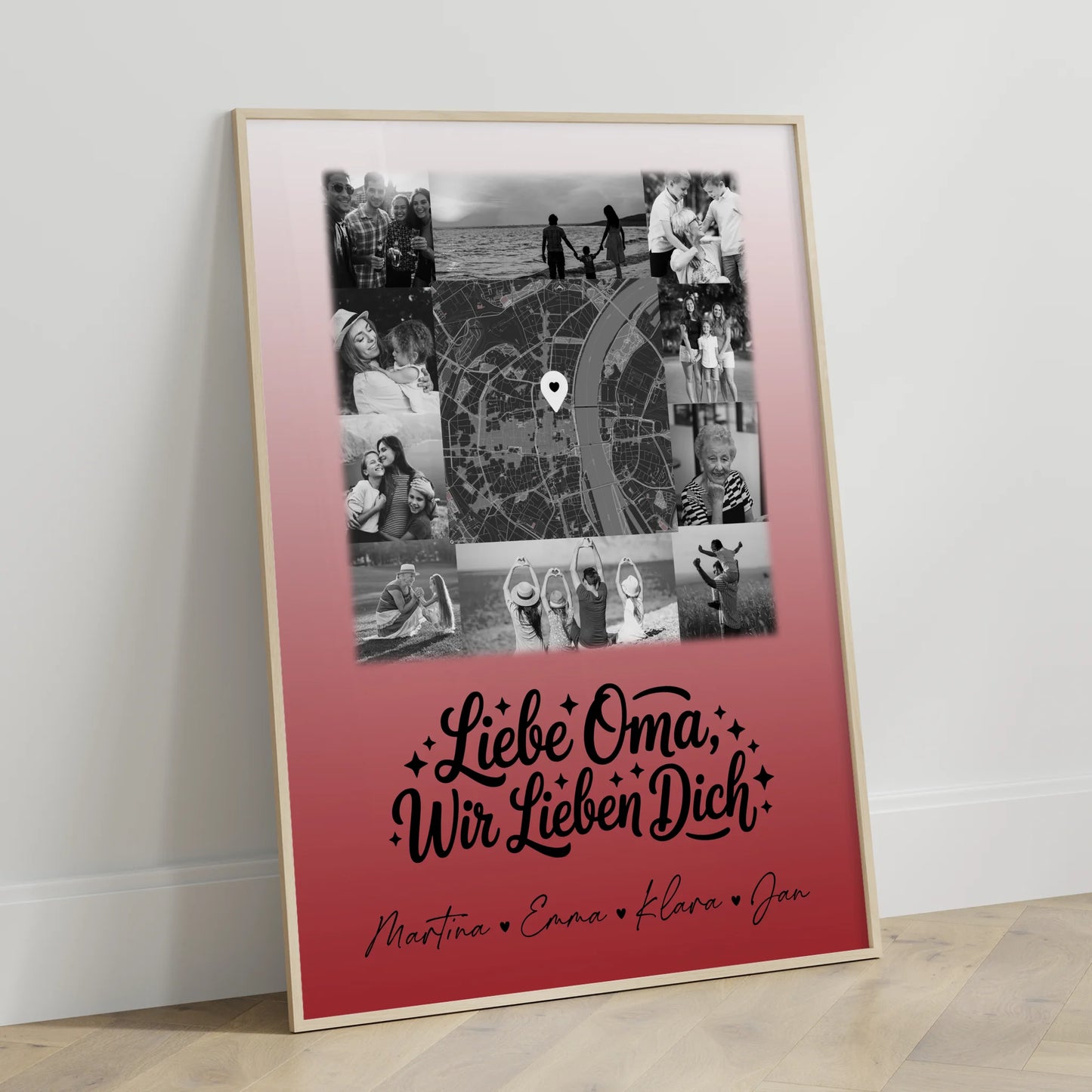 Personalisiertes Poster Oma mit 10 Fotos und Karte in der Mitte Liebe Oma wir lieben Dich Schwarz-Weiß
