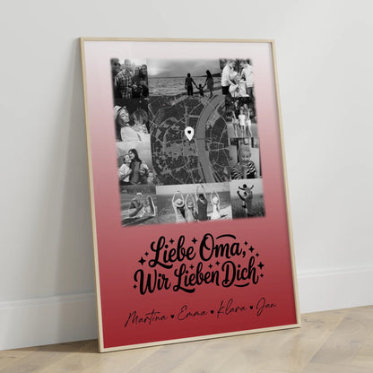 Personalisiertes Poster Oma mit 10 Fotos und Karte in der Mitte Liebe Oma wir lieben Dich Schwarz-Weiß