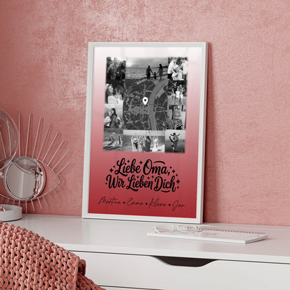 Personalisiertes Poster Oma mit 10 Fotos und Karte in der Mitte Liebe Oma wir lieben Dich Schwarz-Weiß