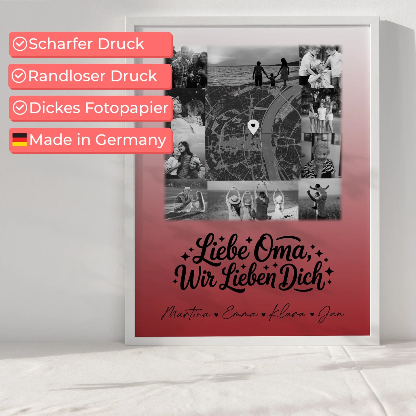 Personalisiertes Poster Oma mit 10 Fotos und Karte in der Mitte Liebe Oma wir lieben Dich Schwarz-Weiß