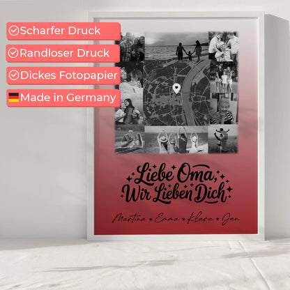 Personalisiertes Poster Oma mit 10 Fotos und Karte in der Mitte Liebe Oma wir lieben Dich Schwarz-Weiß