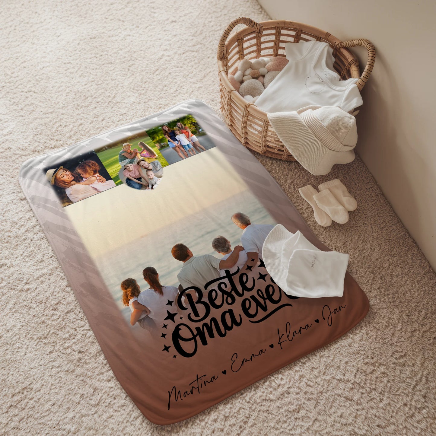 Personalisierte Decke für Oma und Opa mit 4 Fotos und Herz Motiv Beste Oma Ever 2