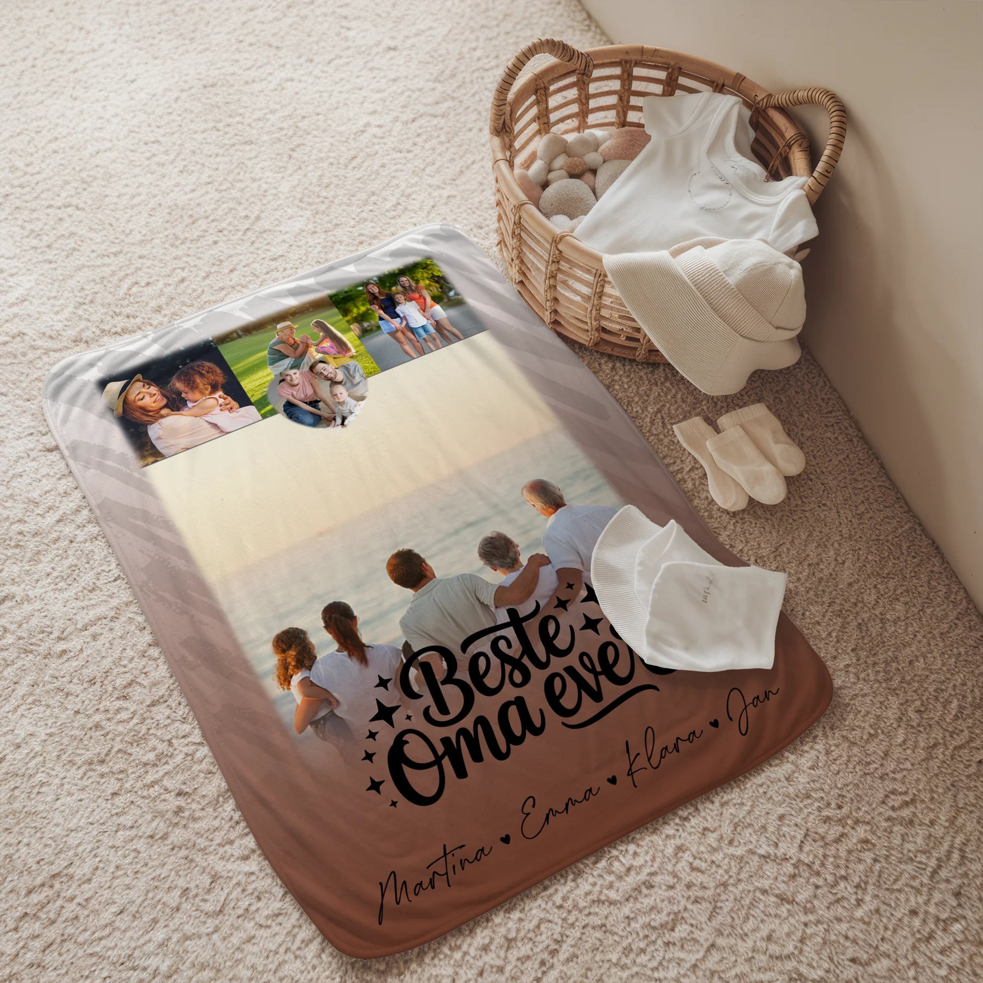 Personalisierte Decke für Oma und Opa mit 4 Fotos und Herz Motiv Beste Oma Ever 2