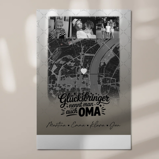 Personalisierte Wandbilder Oma mit 4 Fotos und Karte Schwarz-Weiß Glücksbringer nennt man auch Bruder 1