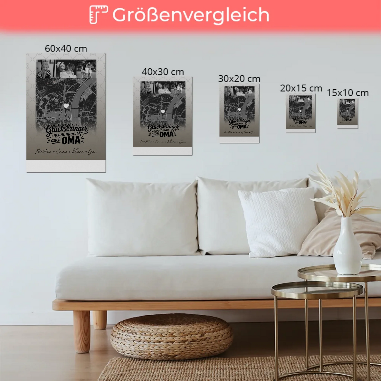 Personalisierte Wandbilder Oma mit 4 Fotos und Karte Schwarz-Weiß Glücksbringer nennt man auch Bruder