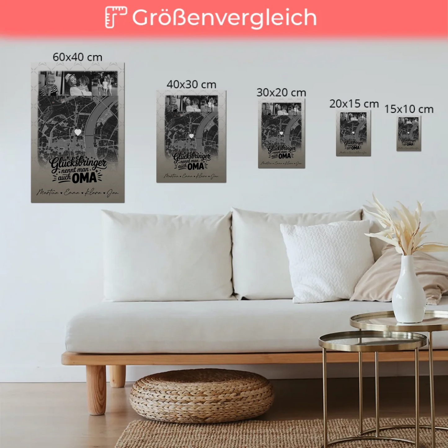 Personalisierte Wandbilder Oma mit 4 Fotos und Karte Schwarz-Weiß Glücksbringer nennt man auch Bruder