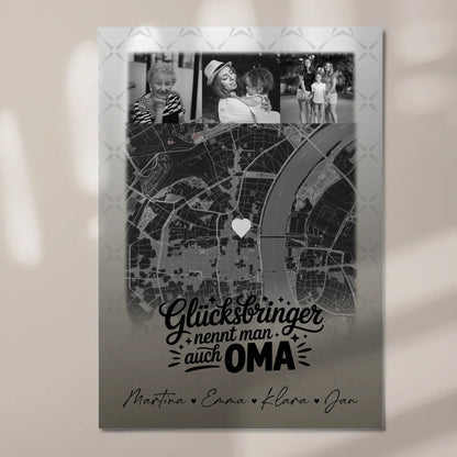 Personalisierte Wandbilder Oma mit 4 Fotos und Karte Schwarz-Weiß Glücksbringer nennt man auch Bruder